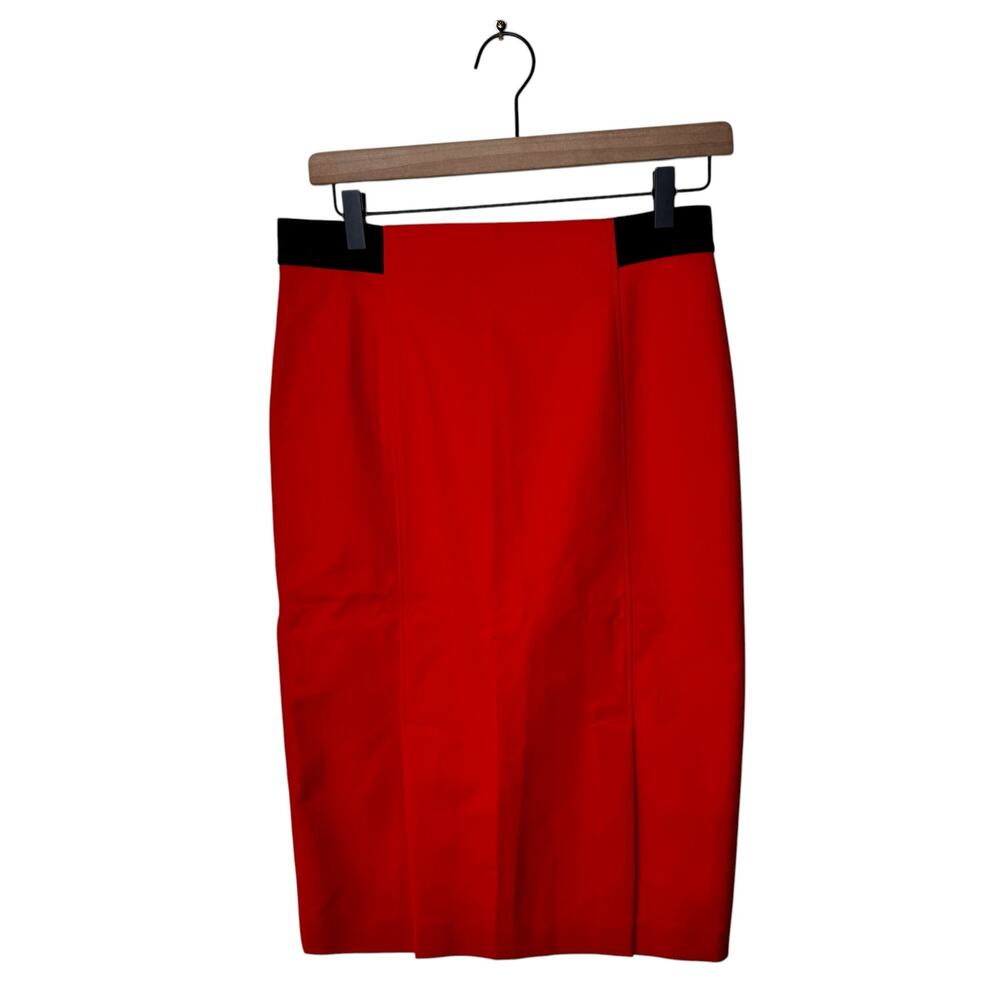 LES COPAINS Front Slit Knee Length Pencil Skirt Red Black Waistband Size 44